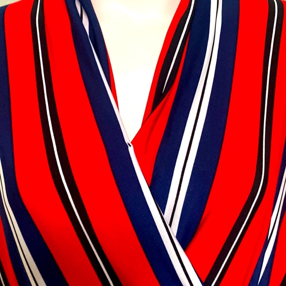 SJS Red White Blue Polyester Spandex Blend Stretchy Long Sleeve Blouse Size M - Picture 4 of 7